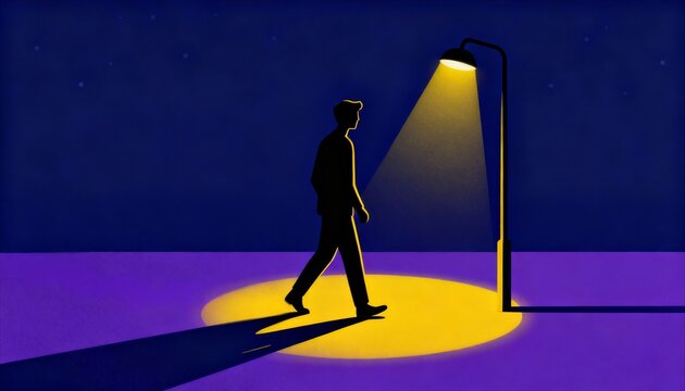 A silhouette of a person walking under a streetlamp, casting a long shadow in a brightly lit circle against a dark background.