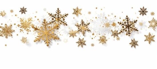Golden Snowflakes Falling on a White Background - Festive Winter Holiday Decoration.