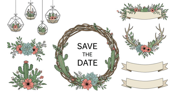 A rustic wedding invitation design set with a 'Save the Date' wreath, floral banners, antlers, and hanging terrariums with succulents.
