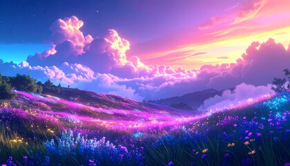 Fototapeta premium Vibrant Fantasy Landscape with Glowing Fields and Dreamy Sky.