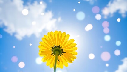 A bright yellow flower against a blue sky with clouds and bokeh effect in the background view from below