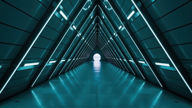 Futuristic tunnel with glowing neon lights in a triangular shape - Powered by Adobe