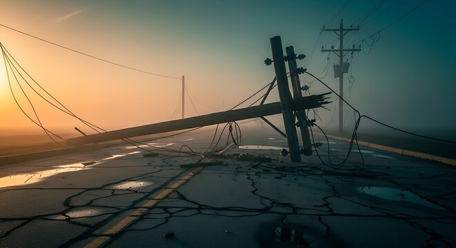 Fallen utility pole and power lines on a cracked road at sunset, depicting a scene of disaster and infrastructure damage.