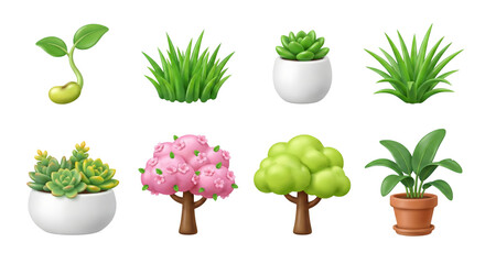 Adorable 3D rendered garden elements plants and trees for a serene nature scene