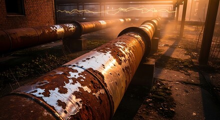 Rusty industrial pipes in an abandoned factory with dramatic lighting.