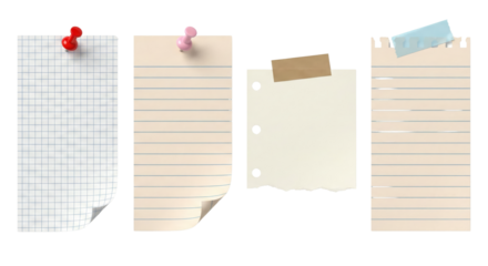 Collection of pinned and taped paper notes on an isolated transparent background, ready for your