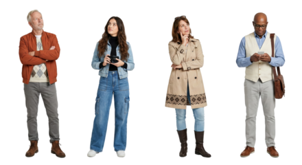 Diverse individuals showcased on a transparent setting illustrating different age groups and