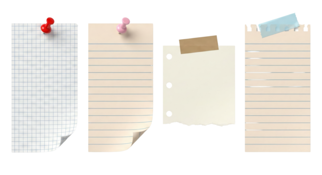 Collection of pinned and taped paper notes on an isolated transparent background, ready for your