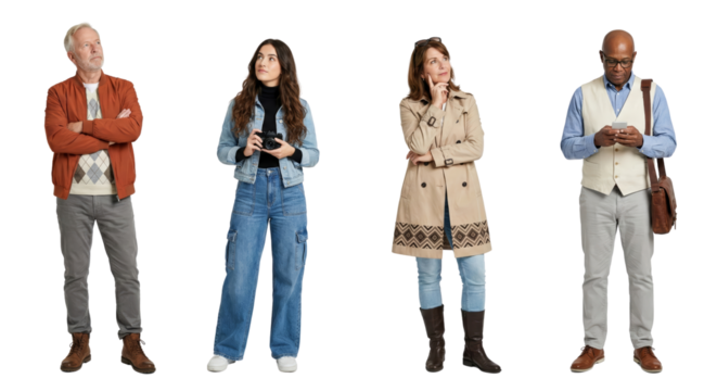 Diverse individuals showcased on a transparent setting illustrating different age groups and