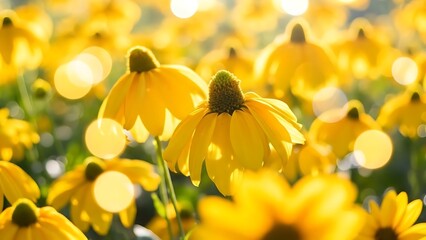 A field of bright yellow rudbeckia flowers bathed in sunlight with bokeh light effect background