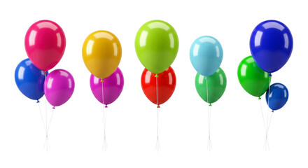 Festive array of vibrant helium balloons floating against a clean transparent space