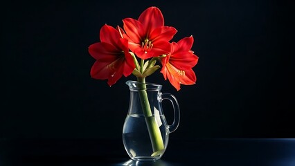 A clear glass pitcher holding red amaryllis flowers against a dark background in a studio setting