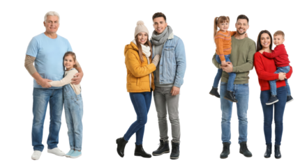 Diverse multigenerational families embrace warmth and togetherness against a blank canvas