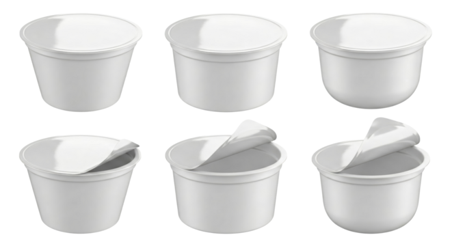 Isolated yogurt containers composition against transparent background for product visualization