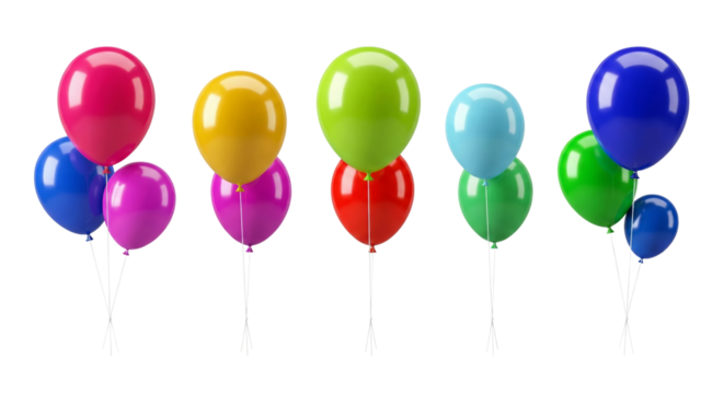 Festive array of vibrant helium balloons floating against a clean transparent space