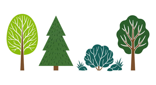 Stylized woodland plant selection, featuring evergreen and deciduous trees, bushes, graphic