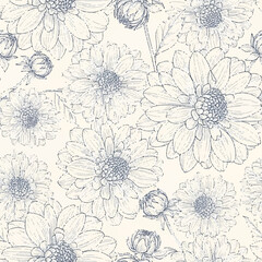 Obraz premium Delicate hand-drawn floral pattern featuring chrysanthemums and dandelions in a charming sketch style
