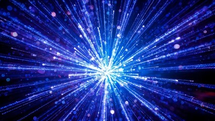 A burst of blue light emanating from a central point with radiating lines and bokeh effects all around it