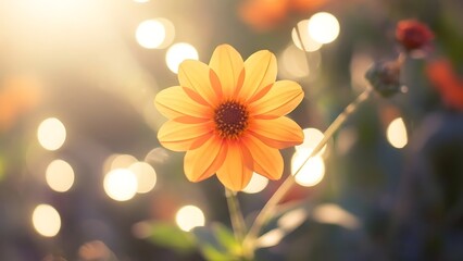 Close up of a vibrant orange flower with bokeh lights in the background creating a dreamy atmosphere