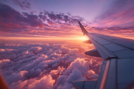 View from an airplane window looking out at a stunning purple and orange sunset with the silhouette of the aircraft wing over fluffy clouds.