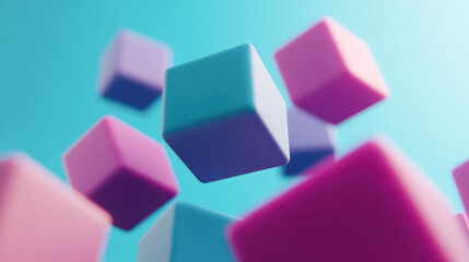 Obraz premium Colorful 3D cubes in shades of pink and purple float against a soft blue background, creating a playful visual effect.