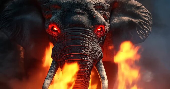 Majestic elephant with glowing eyes amidst a fiery backdrop, symbolizing strength and resilience