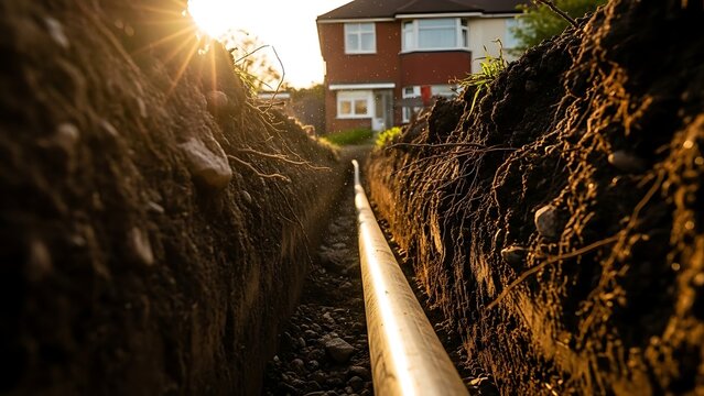 Installing underground utility lines A trench with a pipe, leading towards a residential property