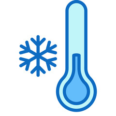 Low Temperature Blue Fill Icon Design Vector - thermometer with snowflake symbol representing cold, hypothermia, and temperature monitoring