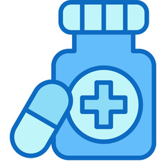 Medicine Bottle Blue Fill Icon Design Vector - pill bottle with capsules, symbolizing medication, prescription drugs, and health treatment