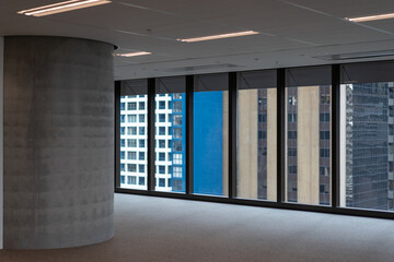 Modern empty office interior with large glass windows views