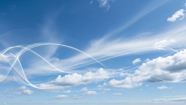 A scenic view of a blue sky with fluffy clouds and wispy white lines crossing the horizon in the distance