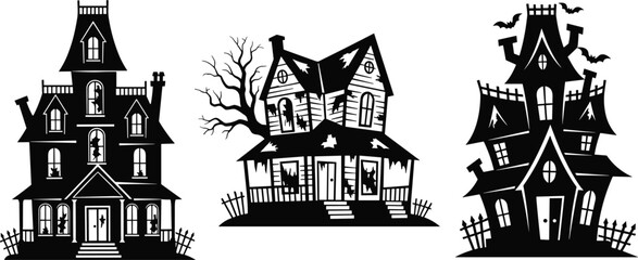 Naklejka premium Cartoon haunted houses, spooky Halloween clipart, eerie architecture illustration, broken fence design, bats and trees, scary building vector, horror theme, creepy style, night scene