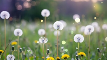 A field of dandelions with yellow flowers and bokeh lights in a soft focus spring meadow scene