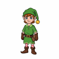 Friendly cartoon elf boy in a green costume and pointed hat. A cute fantasy or holiday character illustration isolated on a white background