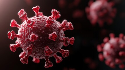 A close-up of a textured red virus particle with spike-like protrusions set against a dark background.