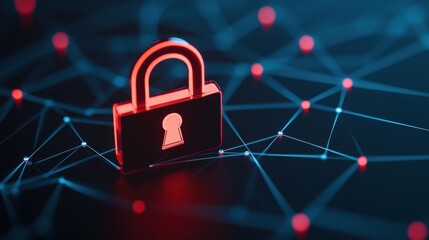 A glowing red padlock hovers over a dark, abstract network of lines and nodes, representing cybersecurity and data protection.