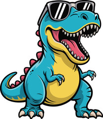 Cartoon illustration of cool dinosaur, sunglasses fashion character design, playful clipart, vector drawing, isolated background, children’s theme, prehistoric fun concept