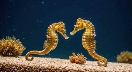 Graceful seahorses dance on the ocean floor, a ballet of nature's elegance unfolding beneath the