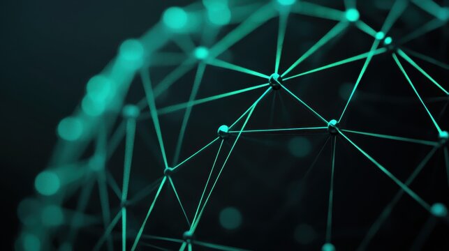 An abstract close-up of a teal geometric network structure with interconnected lines and nodes against a dark background.