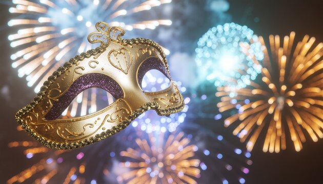 The Golden Masquerade Mask. Happy New Year 2026. A beautiful ornate golden masquerade mask is floating in the foreground. In the dark night sky of a spectacular fireworks.
