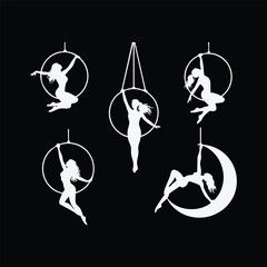 White Aerialist Silhouettes on Black Background, Aerial Hoop (Lyra) and Crescent Moon Silhouettes Set, Dynamic Aerial Acrobatics Poses on Lyra, vector, illustration, silhouette. © naeem