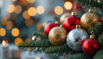Ultra-sharp close-up of red, gold, and silver Christmas ornaments on a pine branch with warm soft lighting, shallow depth of field, glass reflections, bokeh lights, and a clean festive composition.