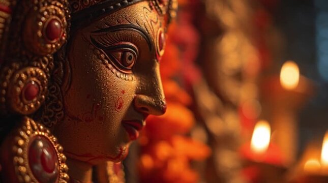 Close-up of Desi Goddess Idol illuminated by warm Diya Lights