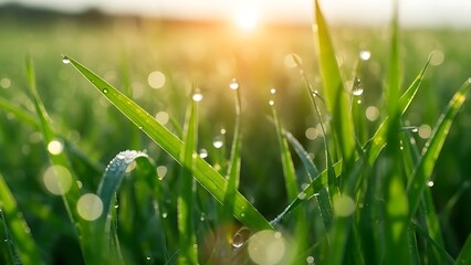 Close up of green grass blades covered in water droplets glistening in the morning sunlight field view