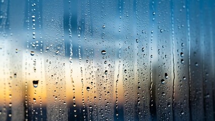 Rain droplets clinging to a window pane with a blurred cityscape background at dusk or dawn view