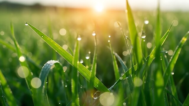 Close up of green grass blades covered in water droplets glistening in the morning sunlight field view - Powered by Adobe