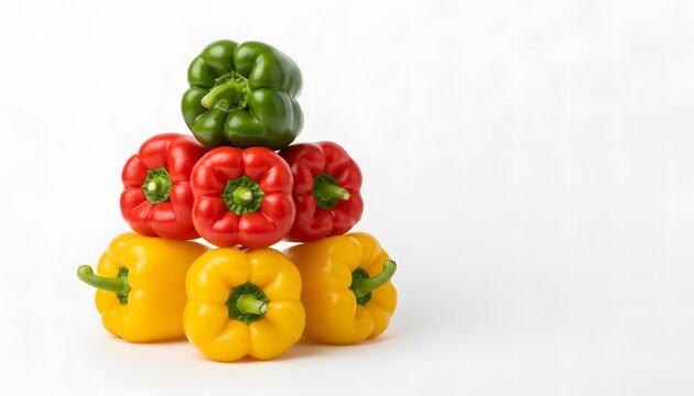 A pyramid of colorful bell peppers, with yellow, red, and green peppers stacked on a white background.