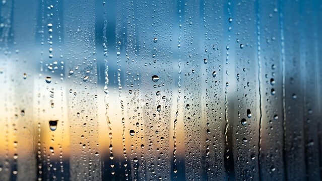 Rain droplets clinging to a window pane with a blurred cityscape background at dusk or dawn view