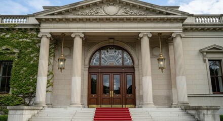 Grand edifice featuring stately columns an arched entrance with red carpet enhancing the