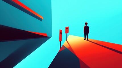 A silhouetted figure stands at a split path with directional signs, framed by vibrant blue and orange abstract shapes.